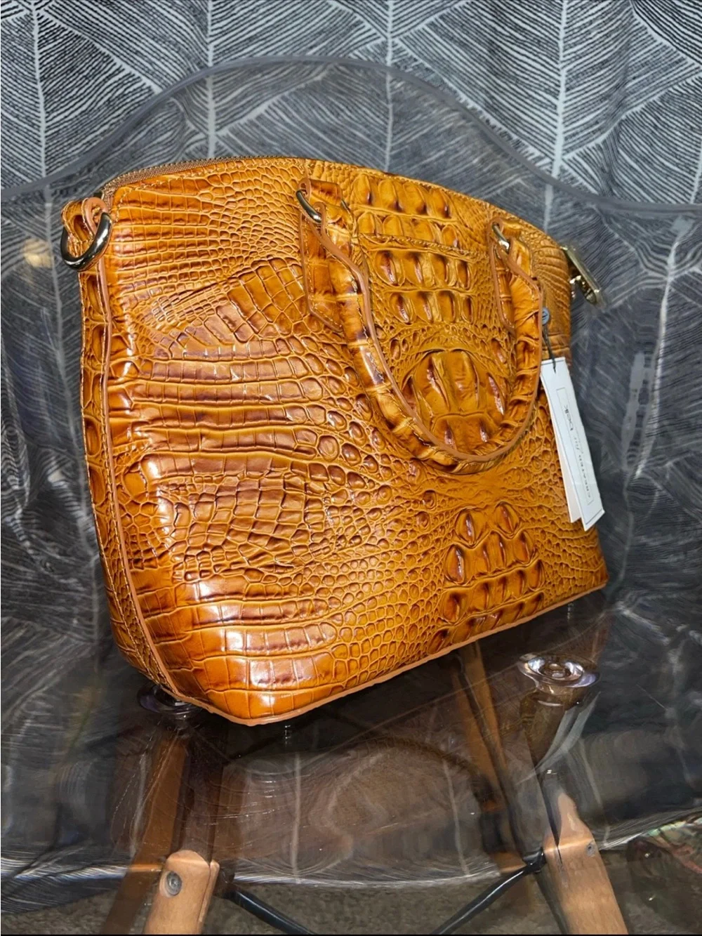 Brahmin Croc-Embossed Satchel - Cognac
